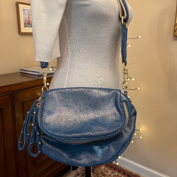 Metallic Blue Leather Crossbody Camera Bag — Canvas Luxe Strap — Voluminous — NW - Picture 4 of 6